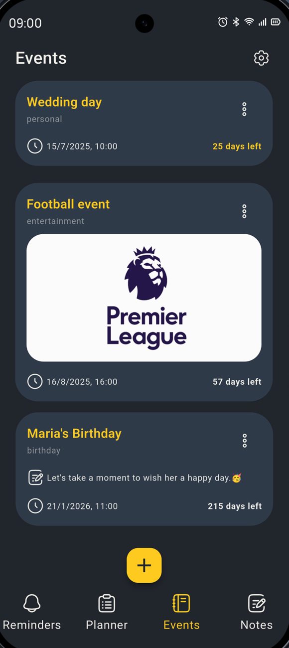 Remindex Events list with a wedding, a football match with a photo and a birthday, each showing days left.