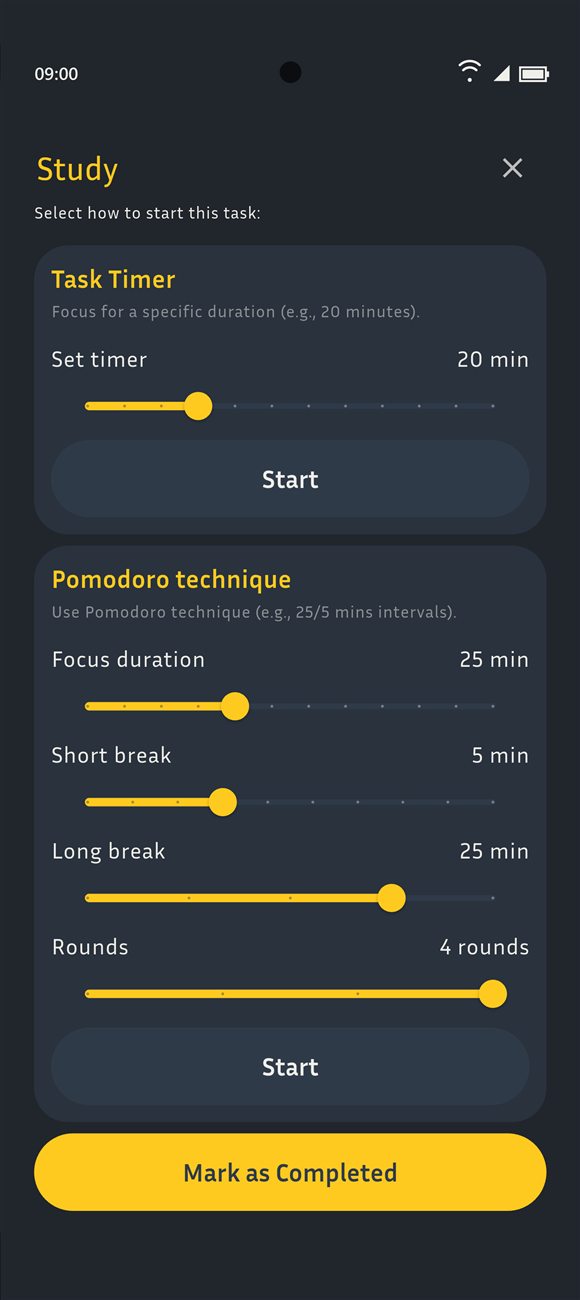 Remindex task screen with a Task Timer slider set to 20 minutes and Pomodoro settings for focus duration, short break, long break and rounds.
