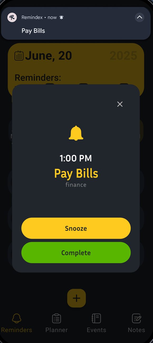 Remindex alarm for Pay Bills with Snooze and Complete buttons.