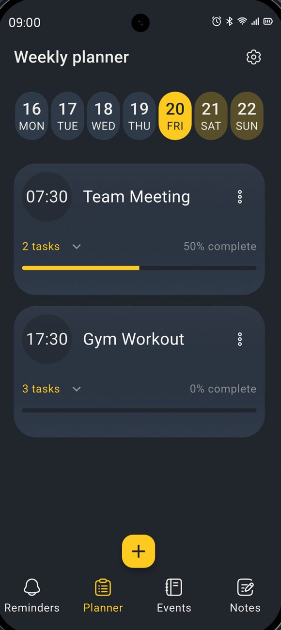 Remindex Weekly planner: a seven-day strip and two plans, Team Meeting at 50% complete and Gym Workout with three tasks.