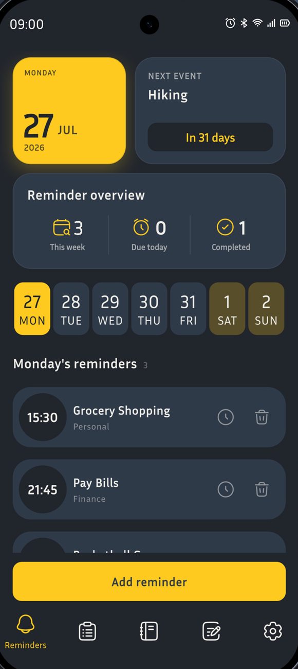 Remindex Reminders screen: today's date, the next event with a countdown, a weekly overview, a seven-day strip and the day's reminders.